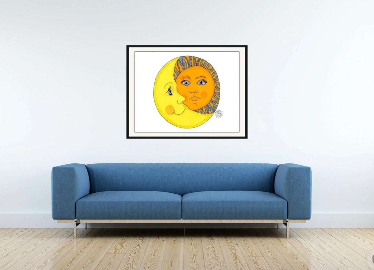 Sun and Moon - large 24 x 36 matted and framed art print shown hanging on a wall