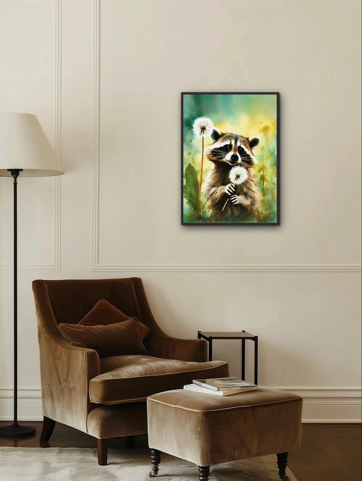Sweet Raccoon in Dandelion's - large 24 x 36 framed art print shown hanging on a wall