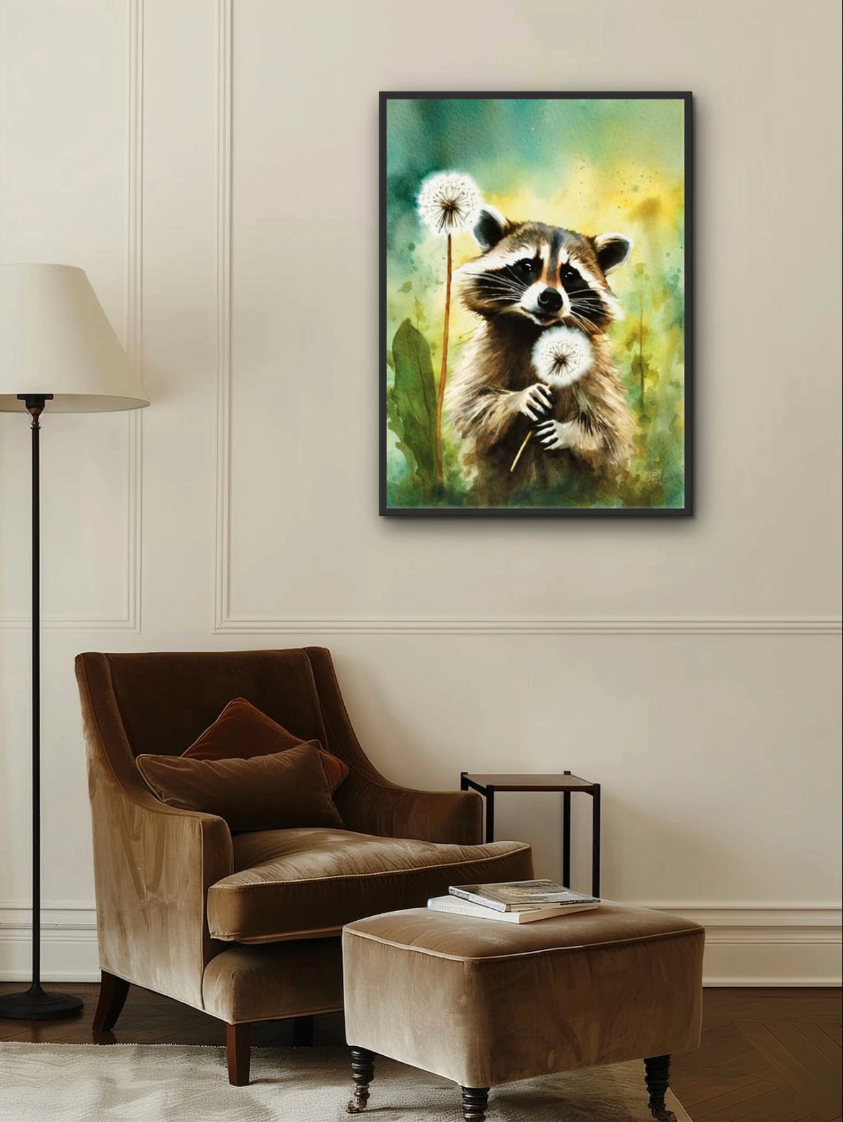 Sweet Raccoon in Dandelion's - extra large 36 x 48 framed art print shown hanging on a wall