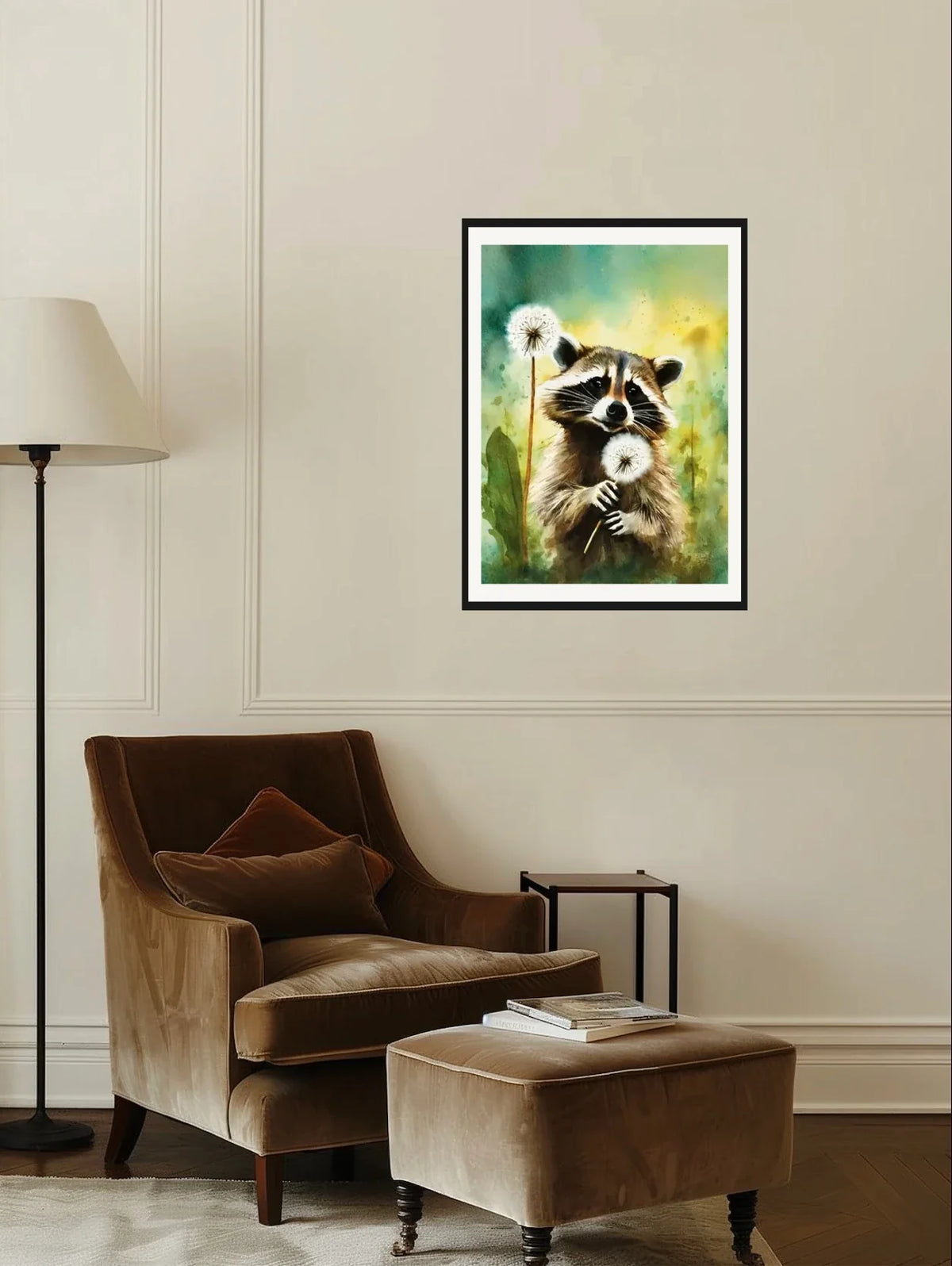 Sweet Raccoon in Dandelions - large 24 x 36 matted and framed art print shown hanging on a wall