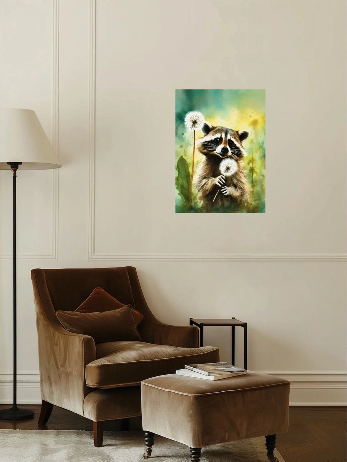 Sweet Raccoon in Dandelions - large 24 x 36 unframed art print shown hanging on a wall