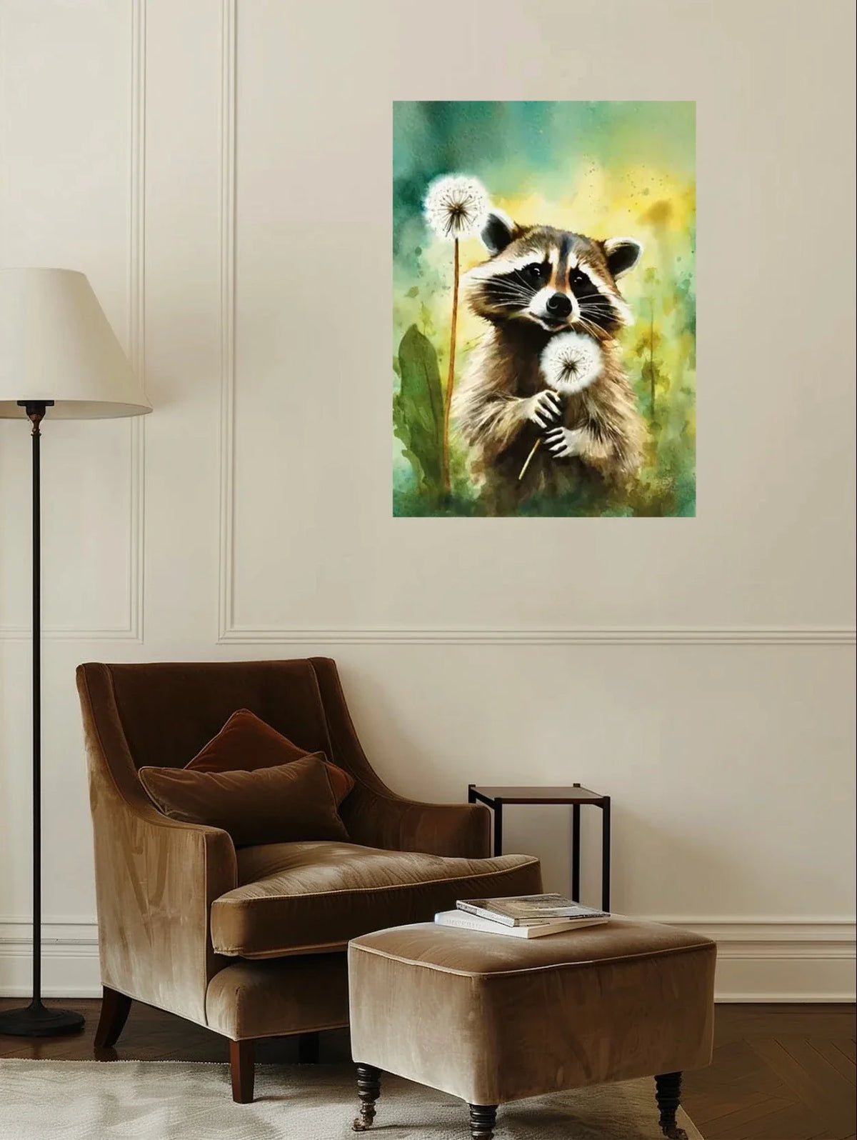 Sweet Raccoon in Dandelions - extra large 36 x 48 unframed art print shown hanging on a wall