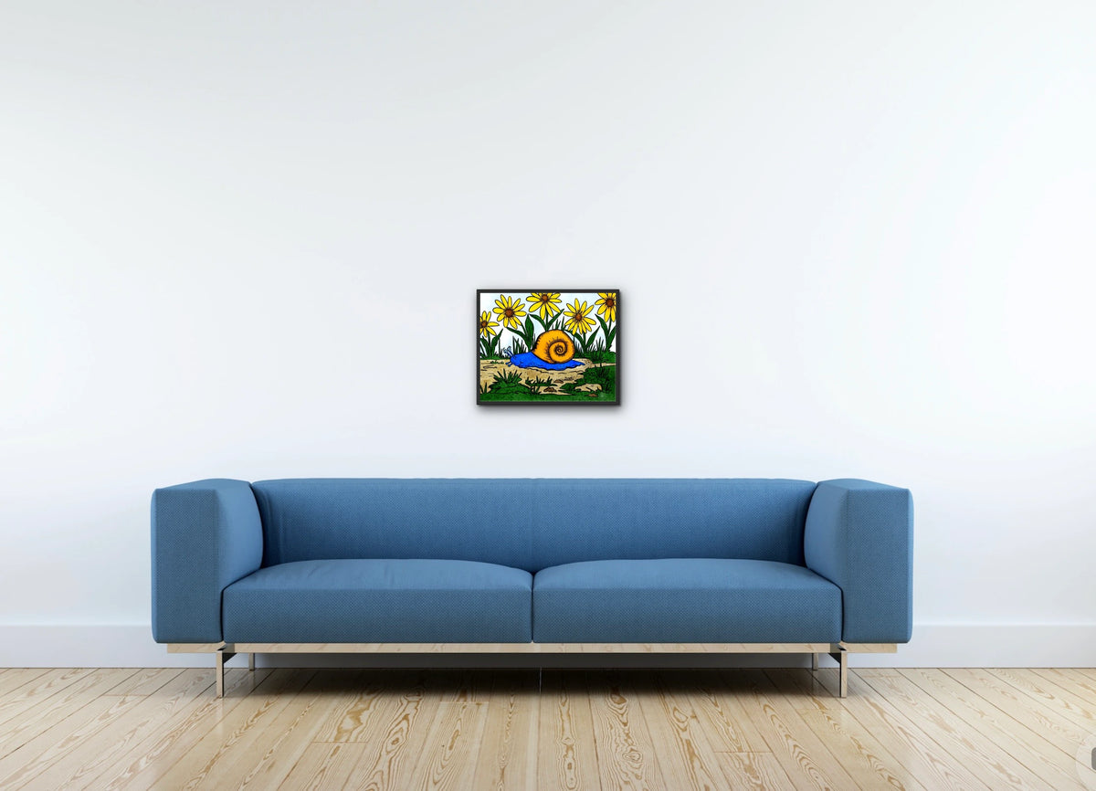 Sylvan Snail - medium 12 x 16 framed art print shown hanging on a wall