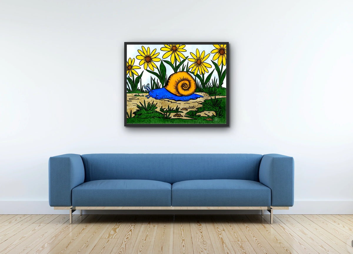 Sylvan Snail - large 24 x 36 framed art print shown hanging on a wall