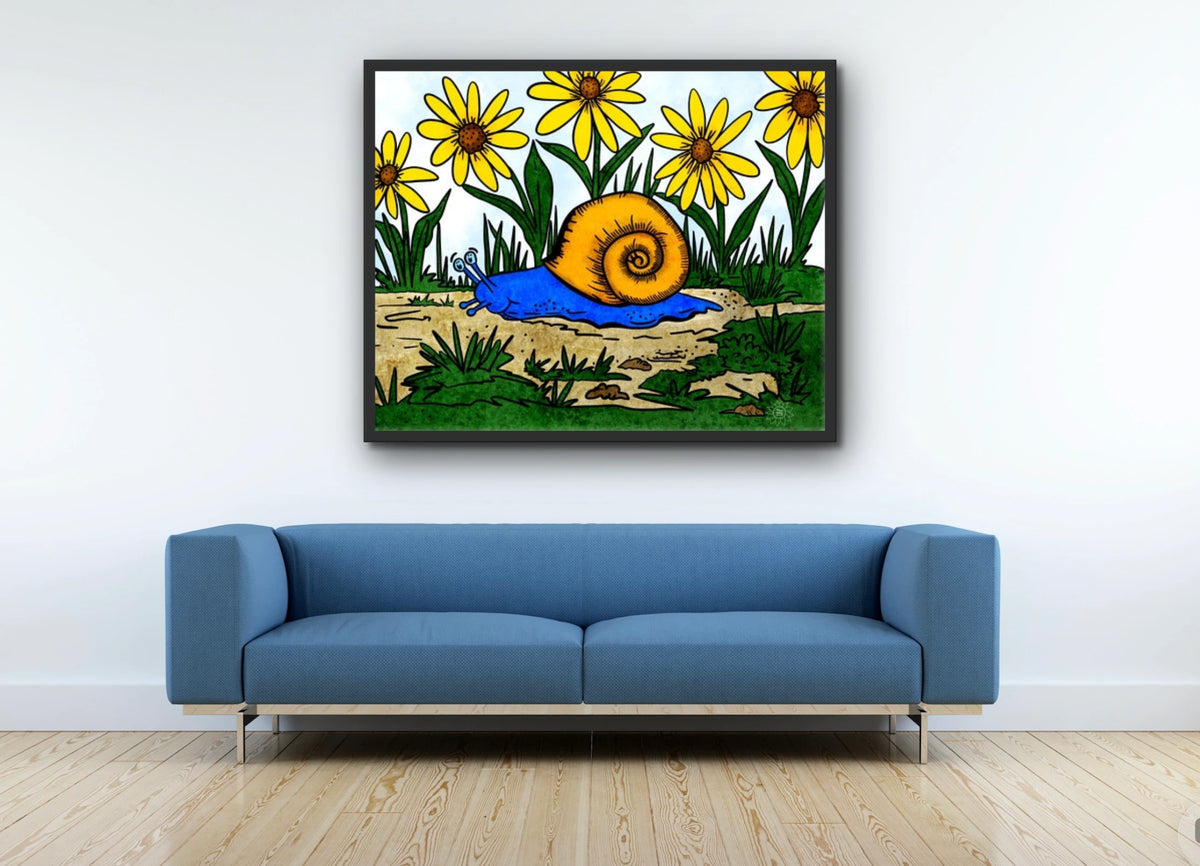 Sylvan Snail - extra large 36 x 48 framed art print shown hanging on a wall