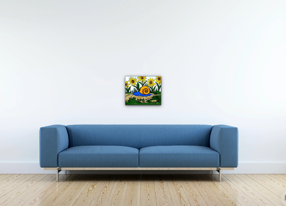 Sylvan Snail - medium 12 x 16 unframed art print shown hanging on a wall