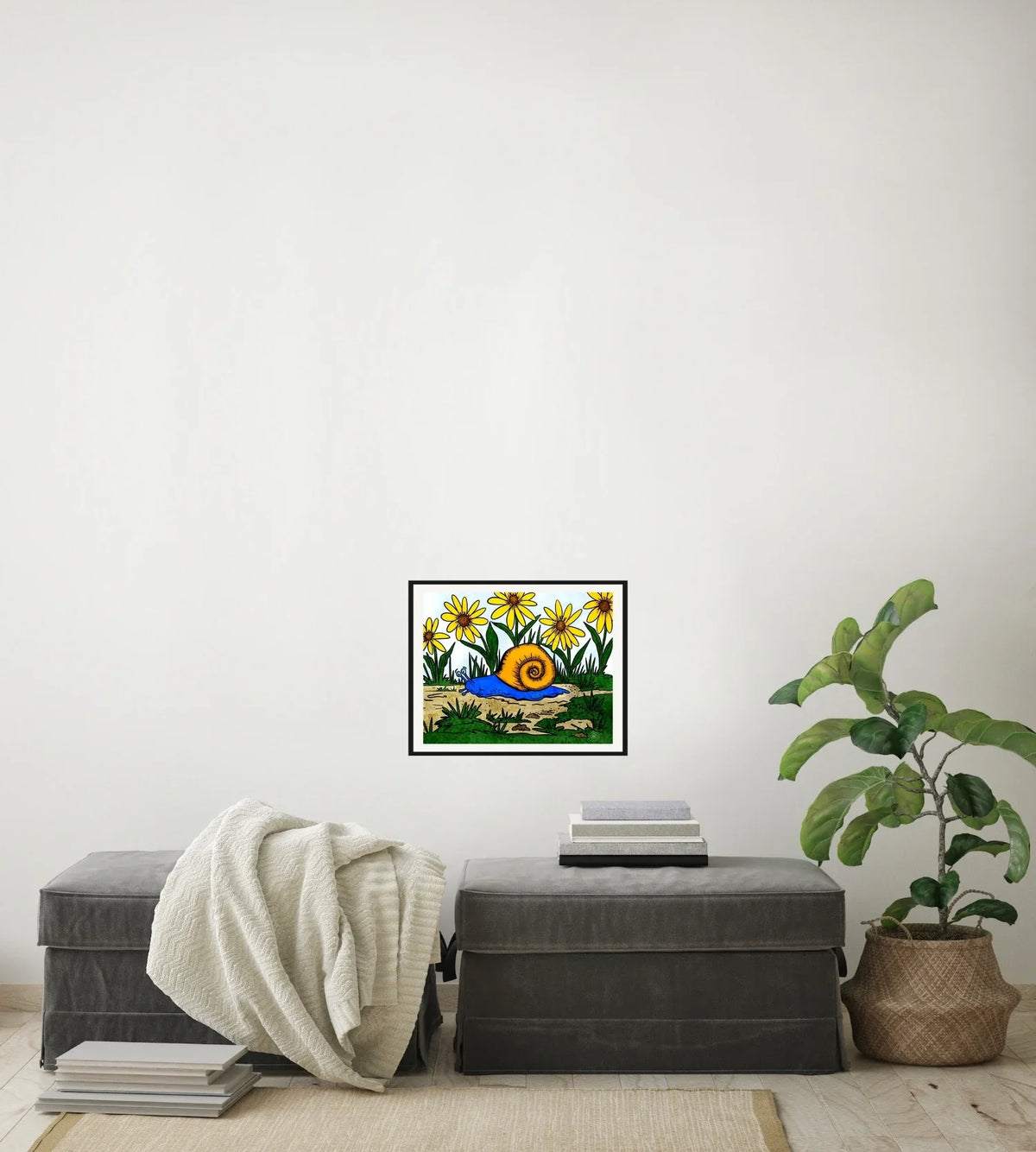 Sylvan Snail - medium 12 x 16 matted and framed art print shown hanging on a wall
