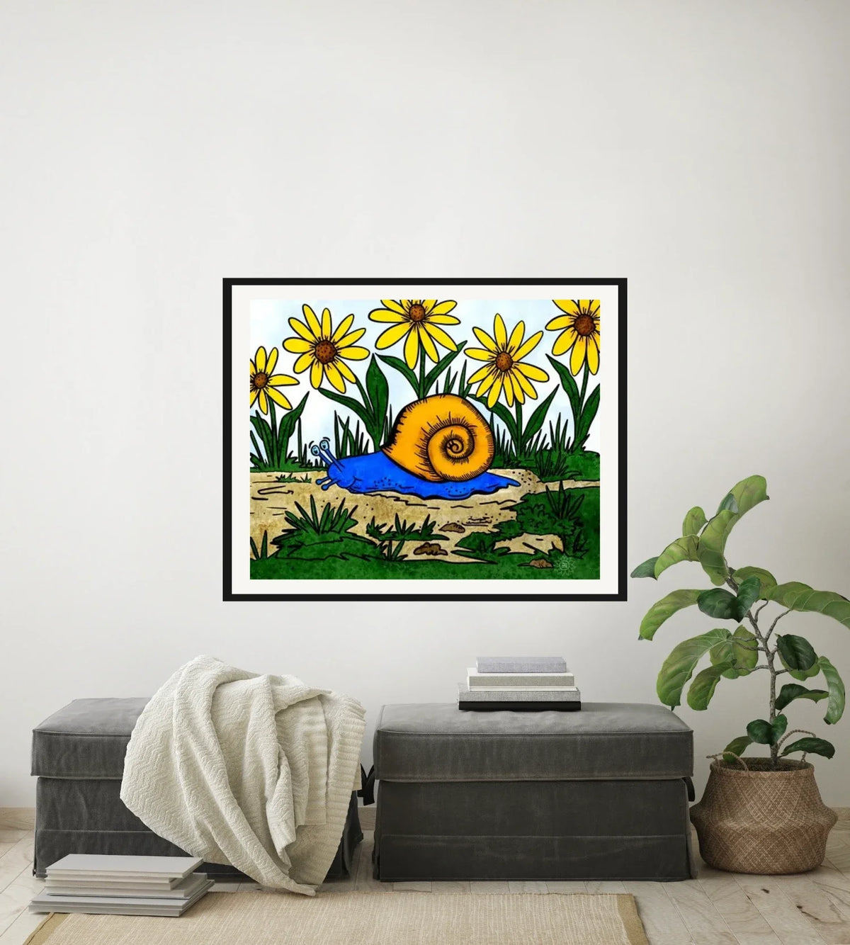Sylvan Snail - large 24 x 36 matted and framed art print shown hanging on a wall
