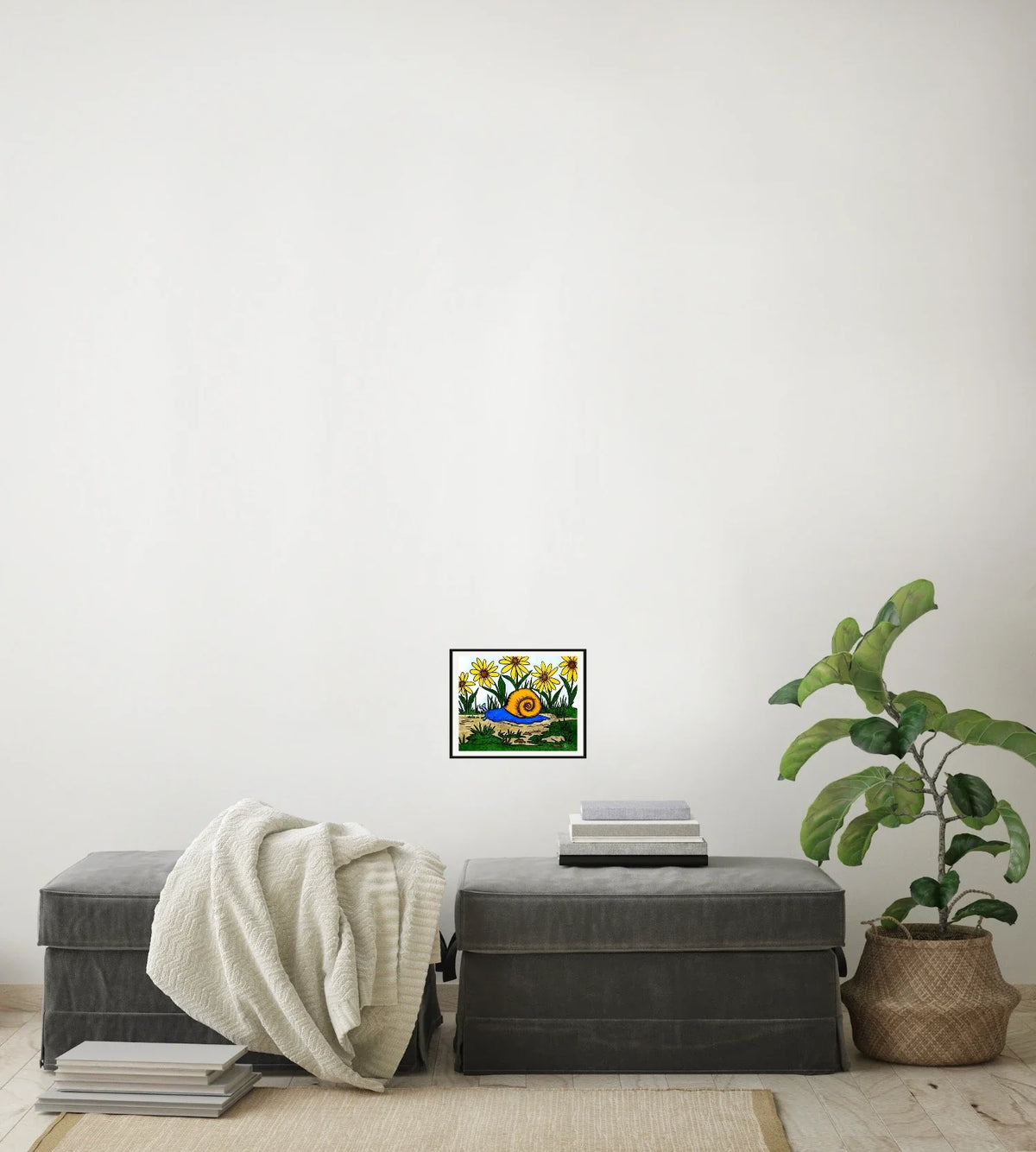 Sylvan Snail - small 8 x 10 matted and framed art print shown hanging on a wall