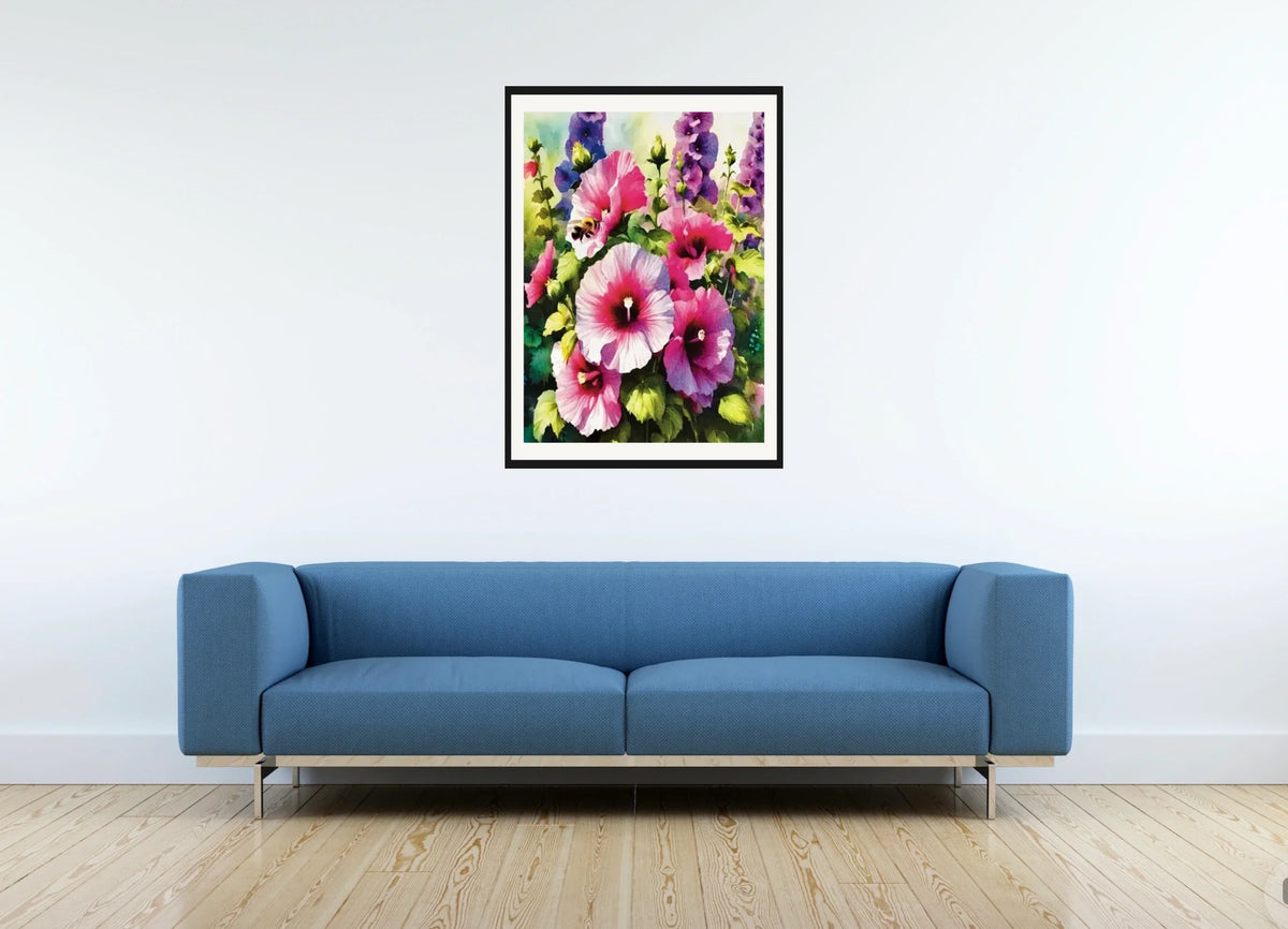 Tall Hollyhock with Bees - large 24 x 36 matted and framed art print shown hanging on a wall