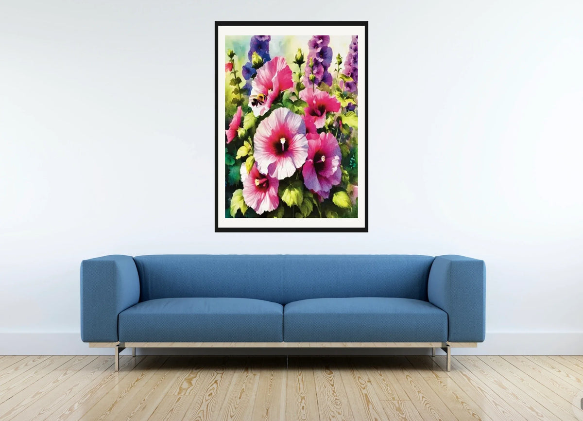 Tall Hollyhock with Bees - extra large 36 x 48 matted and framed art print shown hanging on a wall