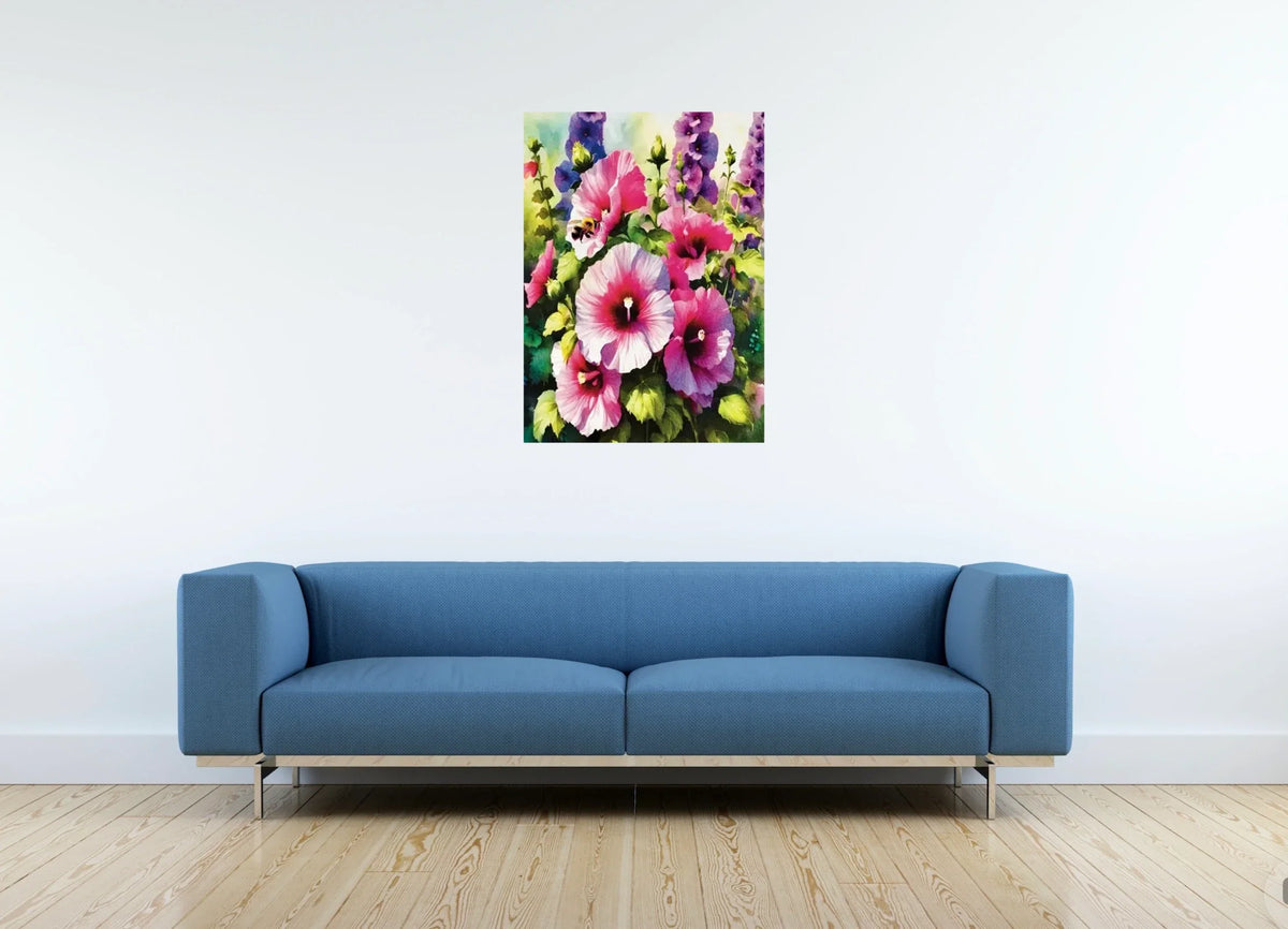 Tall Hollyhock with Bees - large 24 x 36 unframed art print shown hanging on a wall