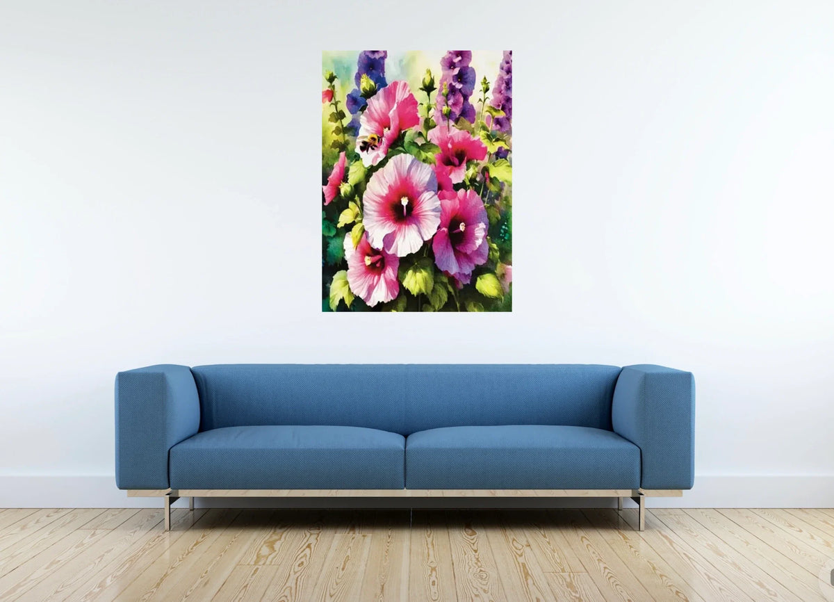 Tall Hollyhock with Bees - extra large 36 x 48 unframed art print shown hanging on a wall