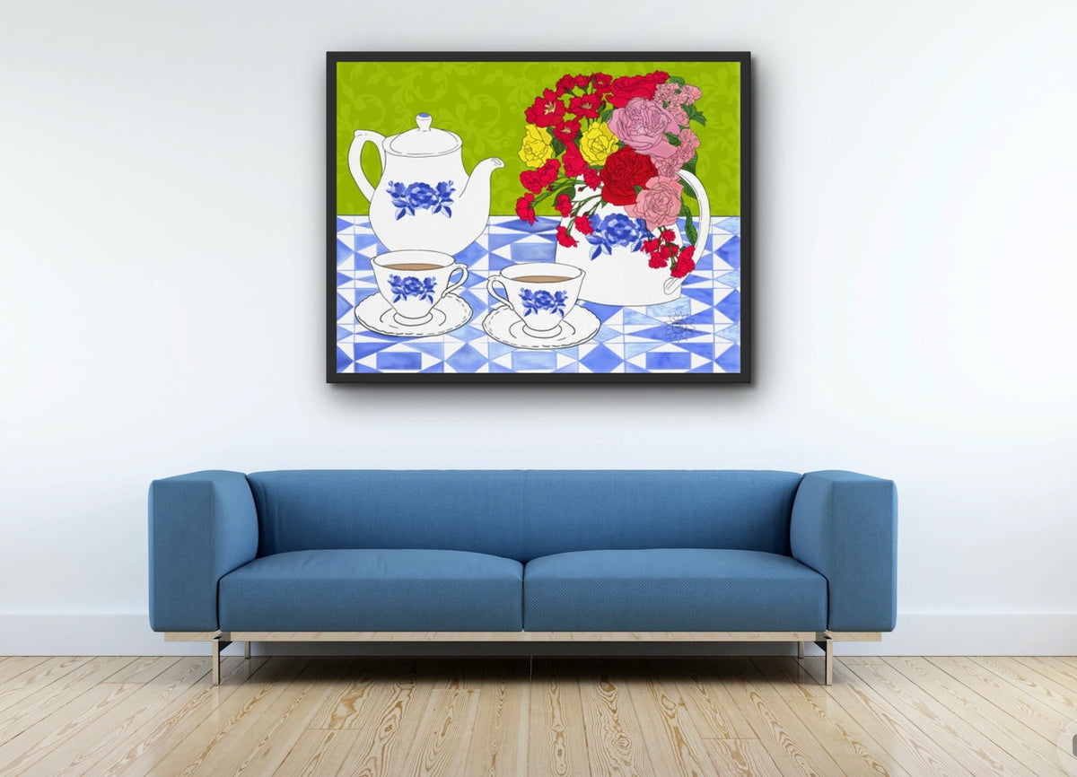 Tea Time - extra large 36 x 48 framed art print shown hanging on a wall