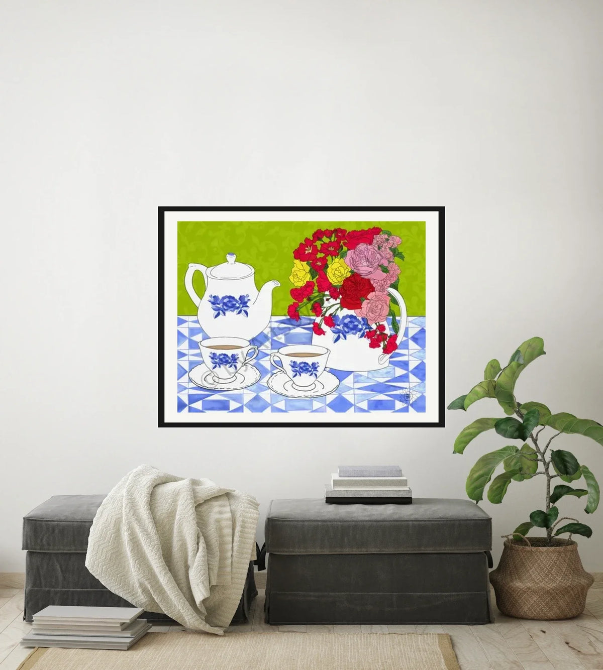 Tea Time - large 24 x 36 matted and framed art print shown hanging on a wall
