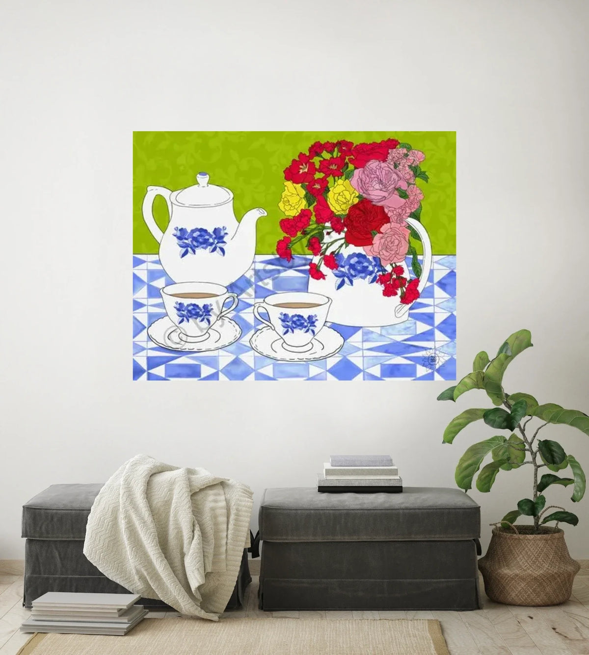 Tea Time - extra large 36 x 48 unframed art print shown hanging on a wall