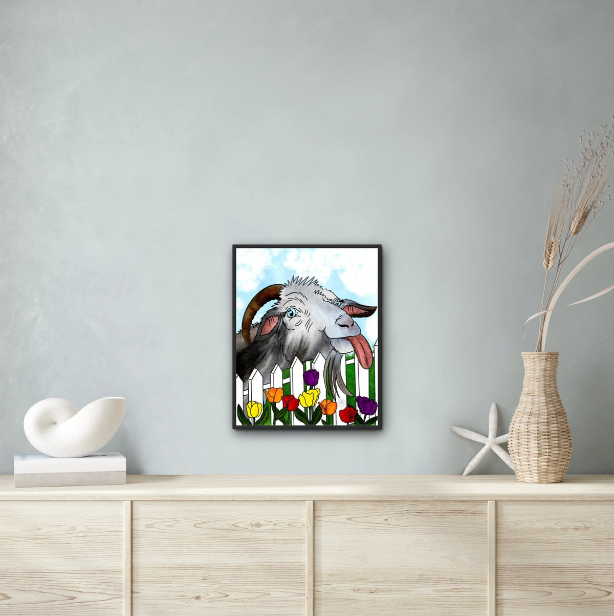 Thistle the Goat - large 24 x 36 framed art print shown hanging on a wall