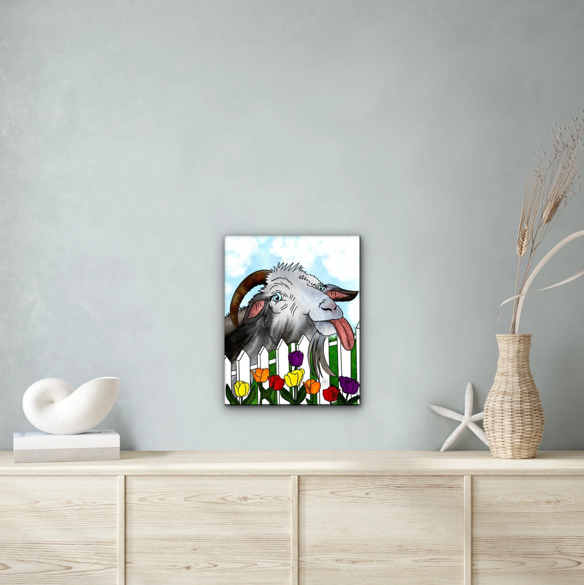 Thistle the Goat - large 24 x 36 unframed art print shown hanging on a wall