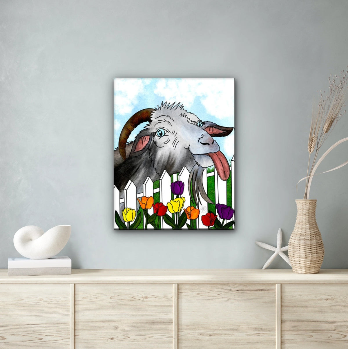 Thistle the Goat - extra large 36 x 48 unframed art print shown hanging on a wall