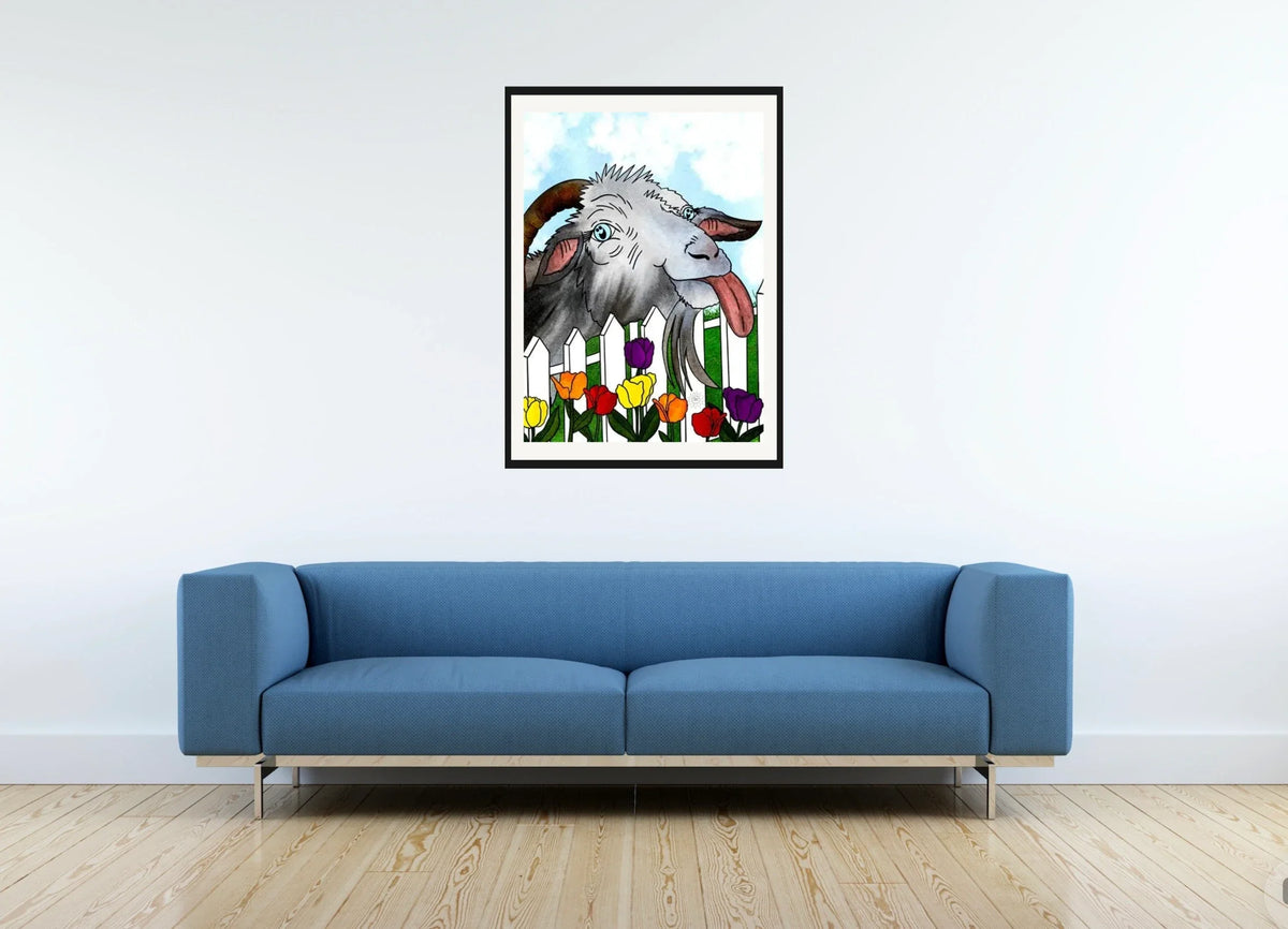Thistle the Goat - large 24 x 36 matted and framed art print shown hanging on a wall
