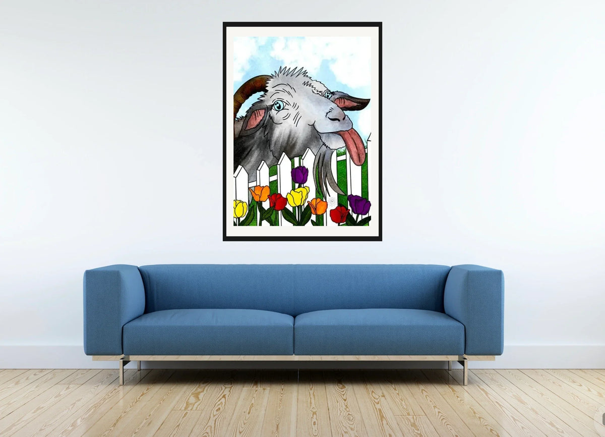 Thistle the Goat - extra large 36 x 48 matted and framed art print shown hanging on a wall