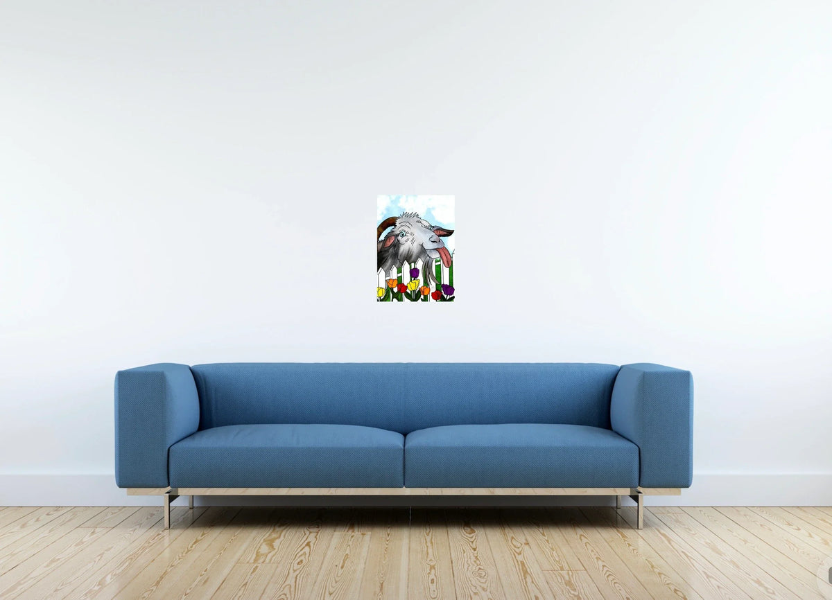 Thistle the Goat - medium 12 x 16 unframed art print shown hanging on a wall