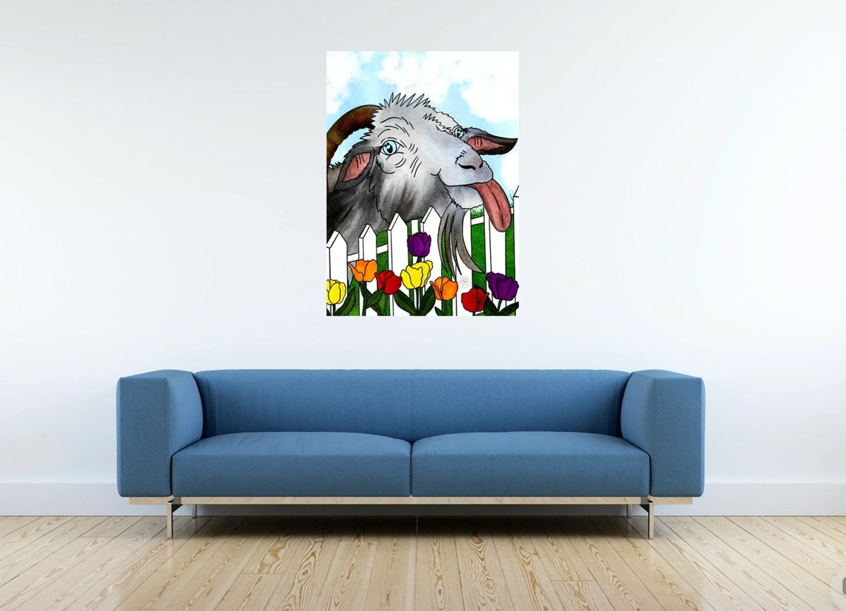 Thistle the Goat - extra large 36 x 48 unframed art print shown hanging on a wall