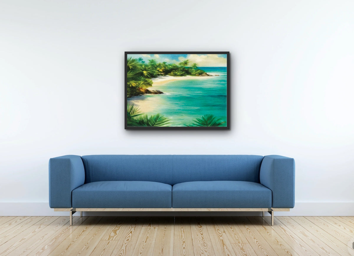 Tranquil Beach - large 24 x 36 framed art print shown hanging on a wall