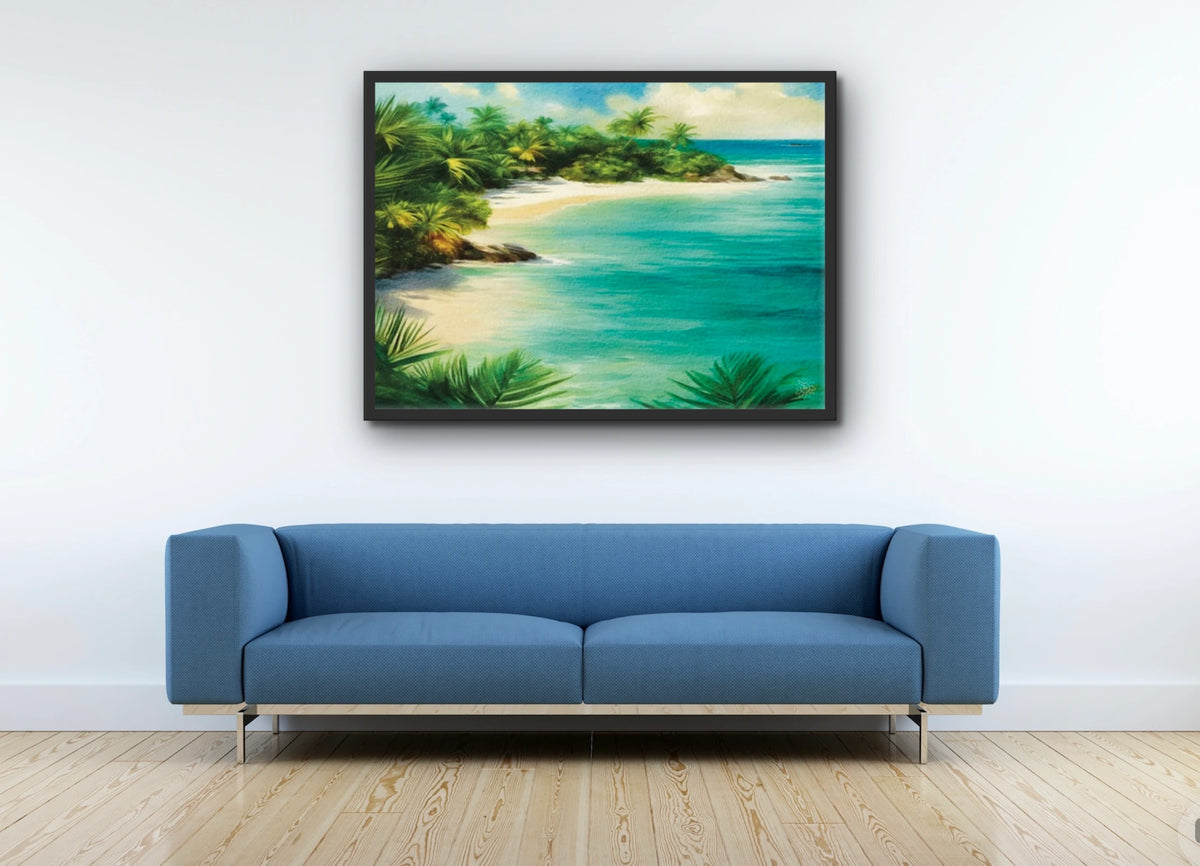 Tranquil Beach - extra large 36 x 48 framed art print shown hanging on a wall