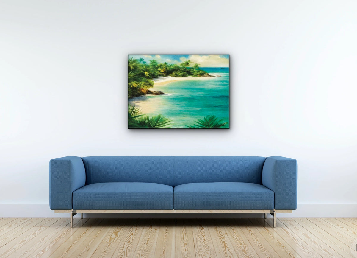 Tranquil Beach - large 24 x 36 unframed art print shown hanging on a wall