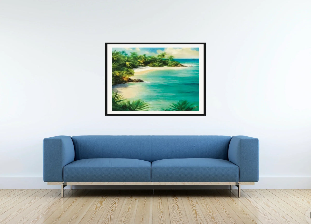 Tranquil Beach - large 24 x 36 matted and framed art print shown hanging on a wall