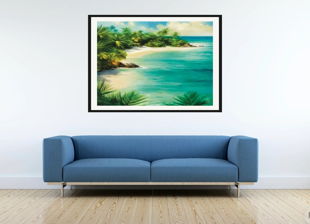 Tranquil Beach - extra large 36 x 48 matted and framed art print shown hanging on a wall