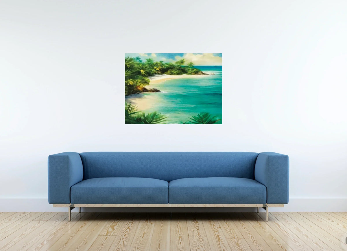 Tranquil Beach - large 24 x 36 unframed art print shown hanging on a wall