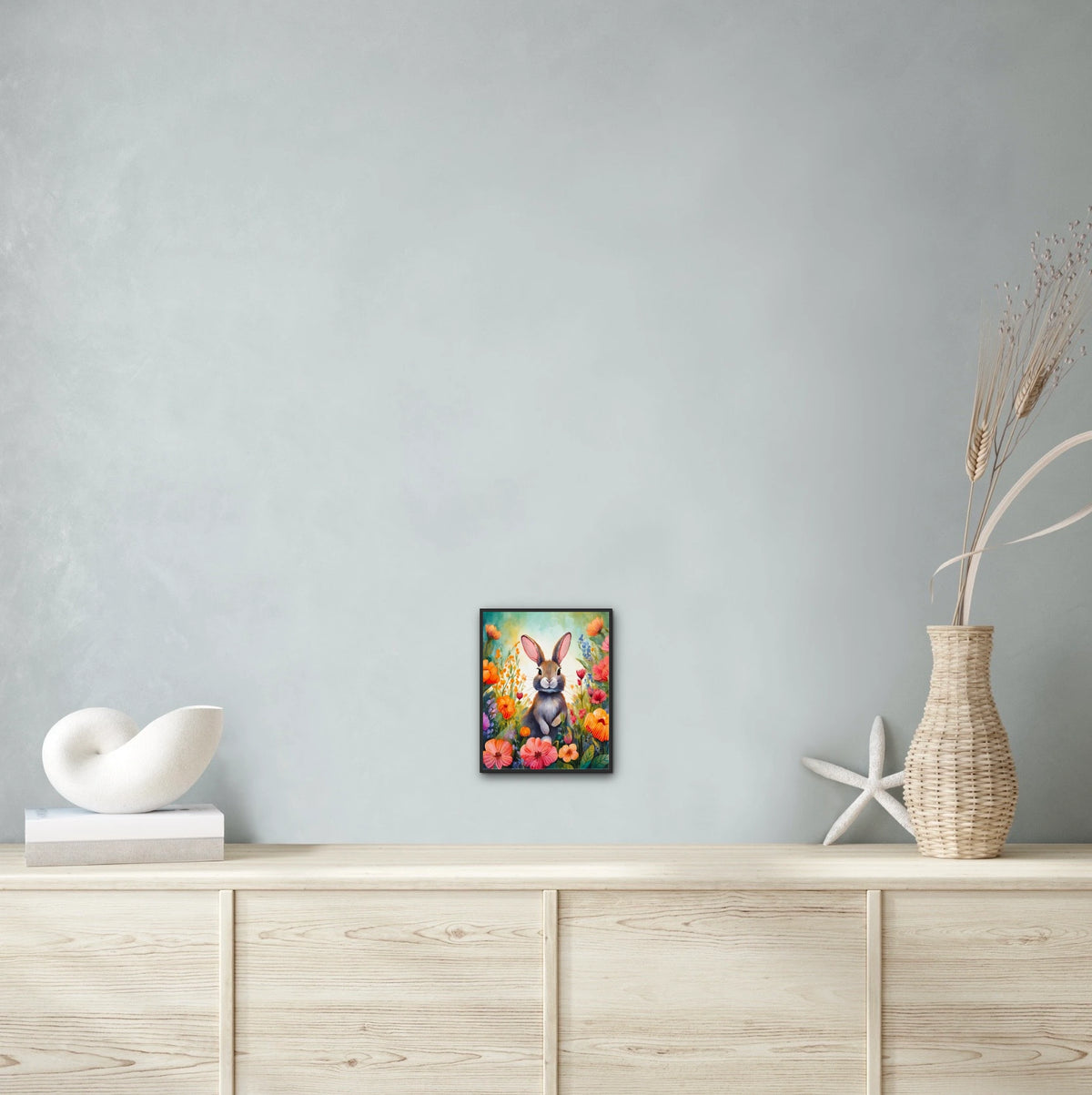 Tulip the Rabbit - medium 12 x 16 framed art print shown hanging on a wall