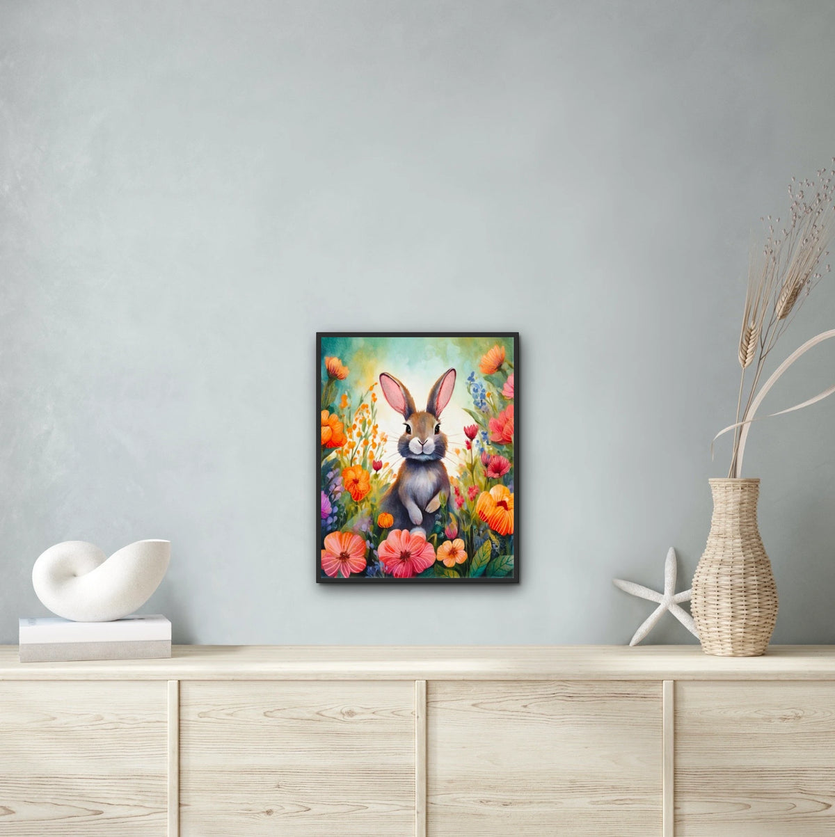 Tulip the Rabbit - large 24 x 36 framed art print shown hanging on a wall