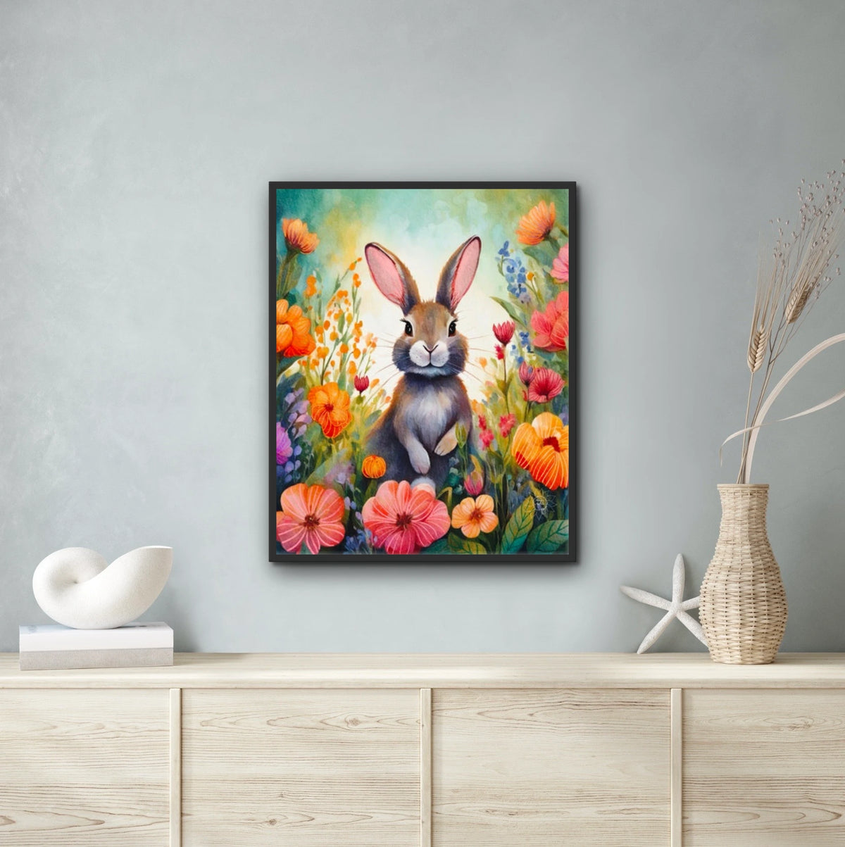 Tulip the Rabbit - extra large 36 x 48 framed art print shown hanging on a wall