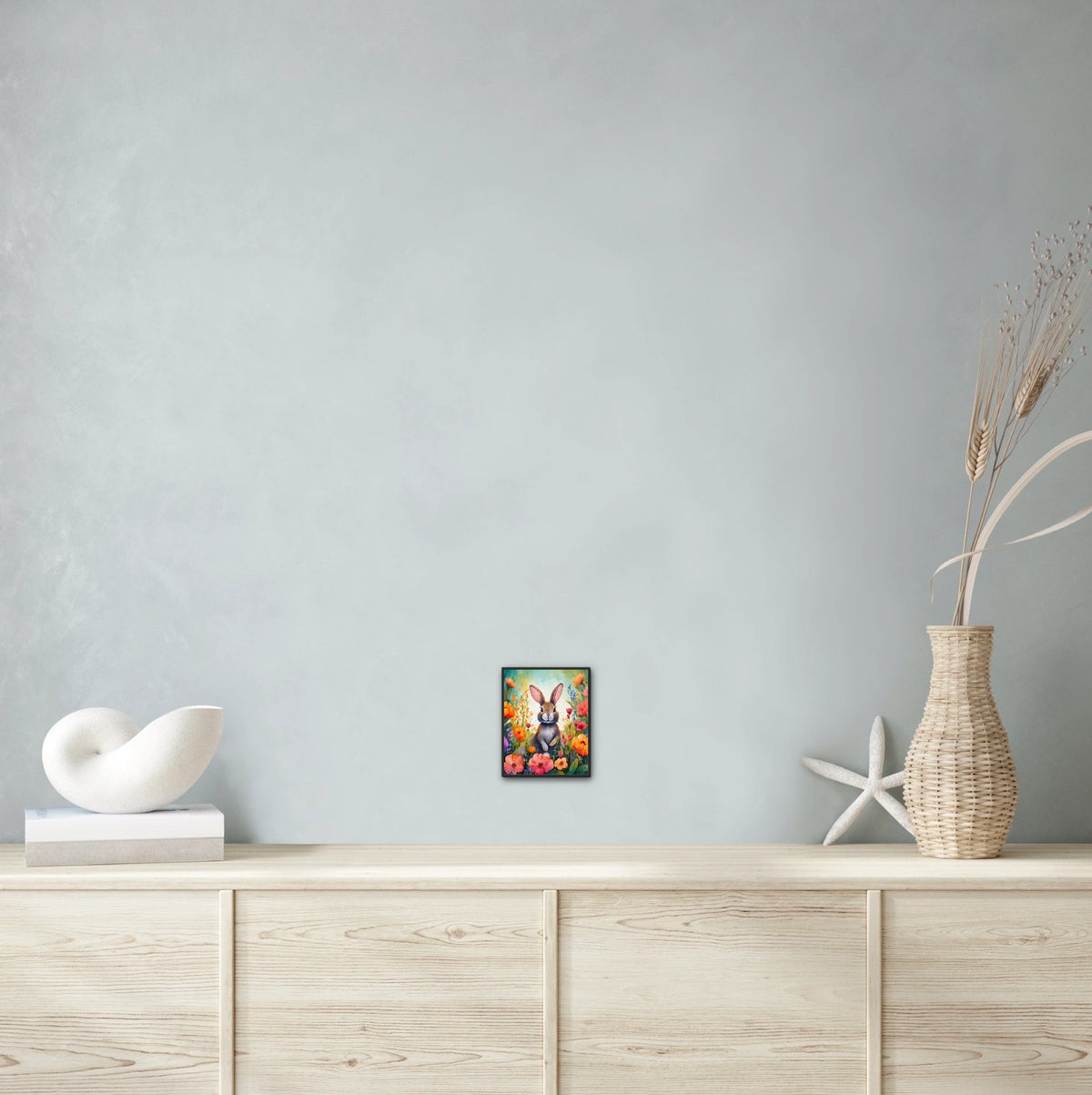 Tulip the Rabbit - small 8 x 10 framed art print shown hanging on a wall