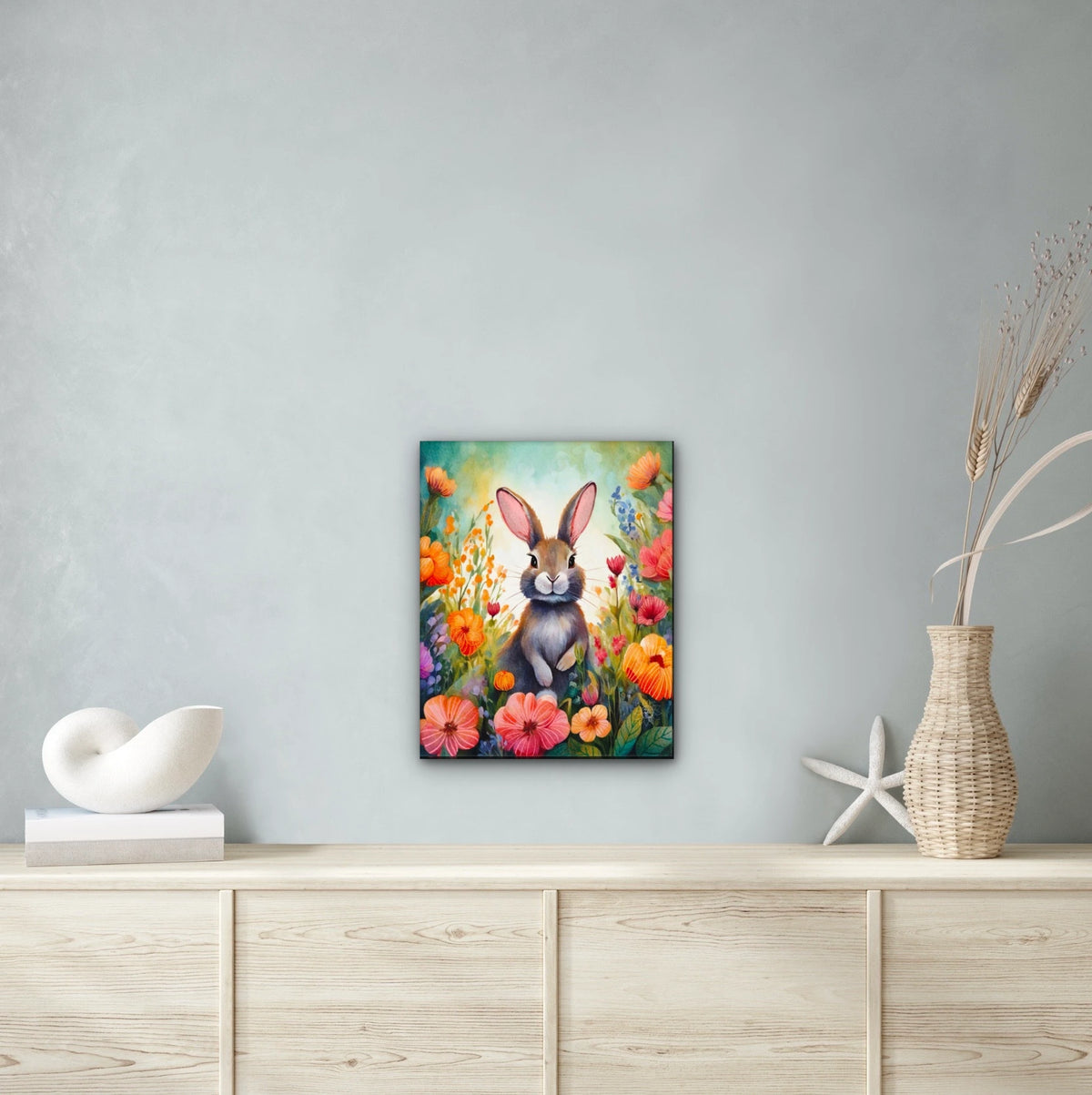 Tulip the Rabbit - large 24 x 36 unframed art print shown hanging on a wall