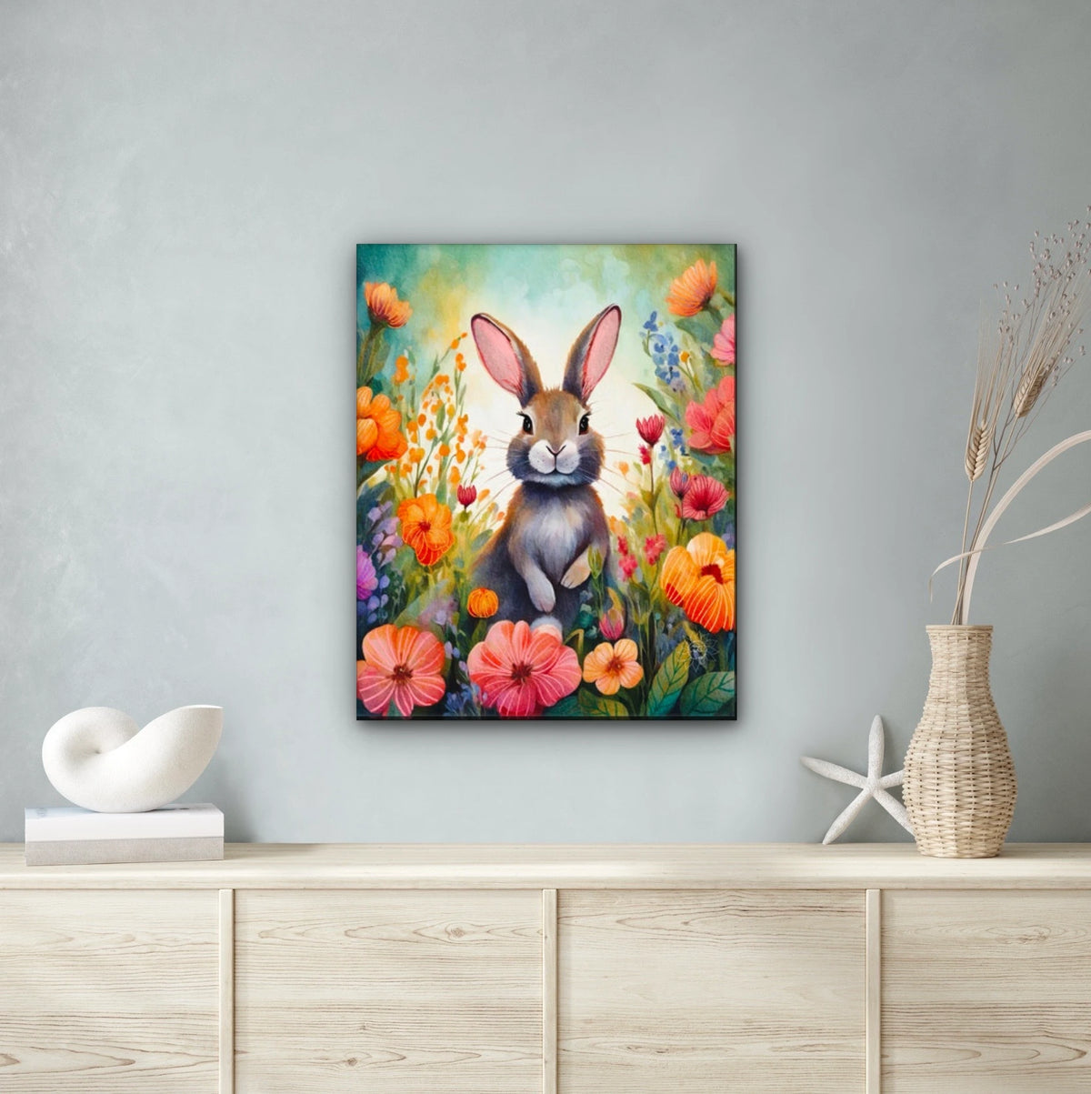 Tulip the Rabbit - extra large 36 x 48 unframed art print shown hanging on a wall