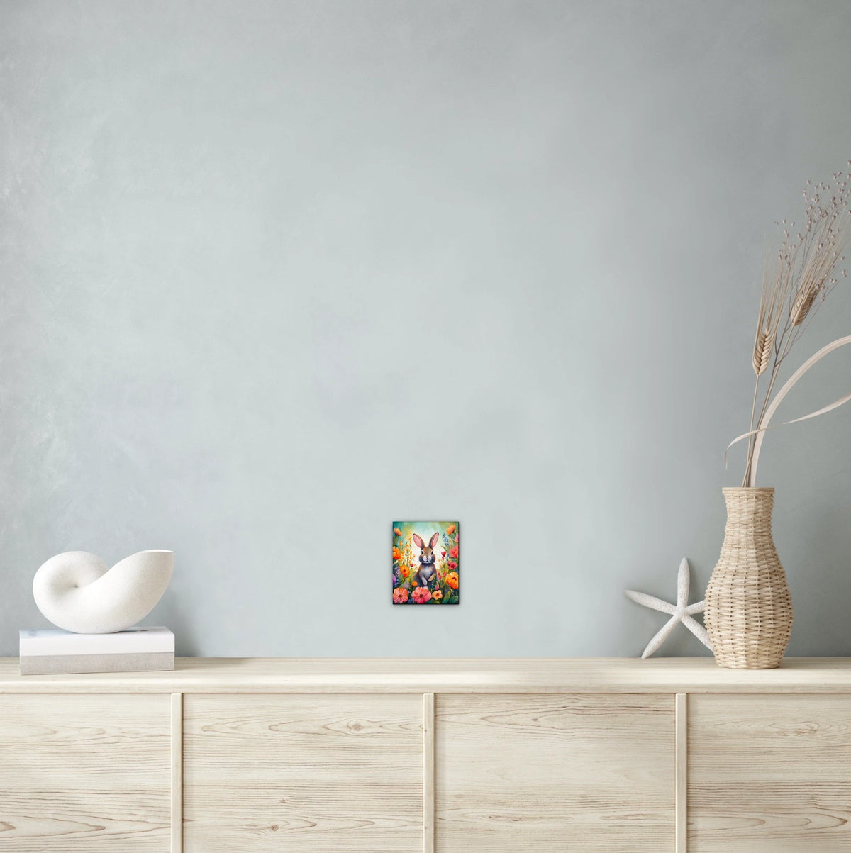 Tulip the Rabbit - small 8 x 10 unframed art print shown hanging on a wall