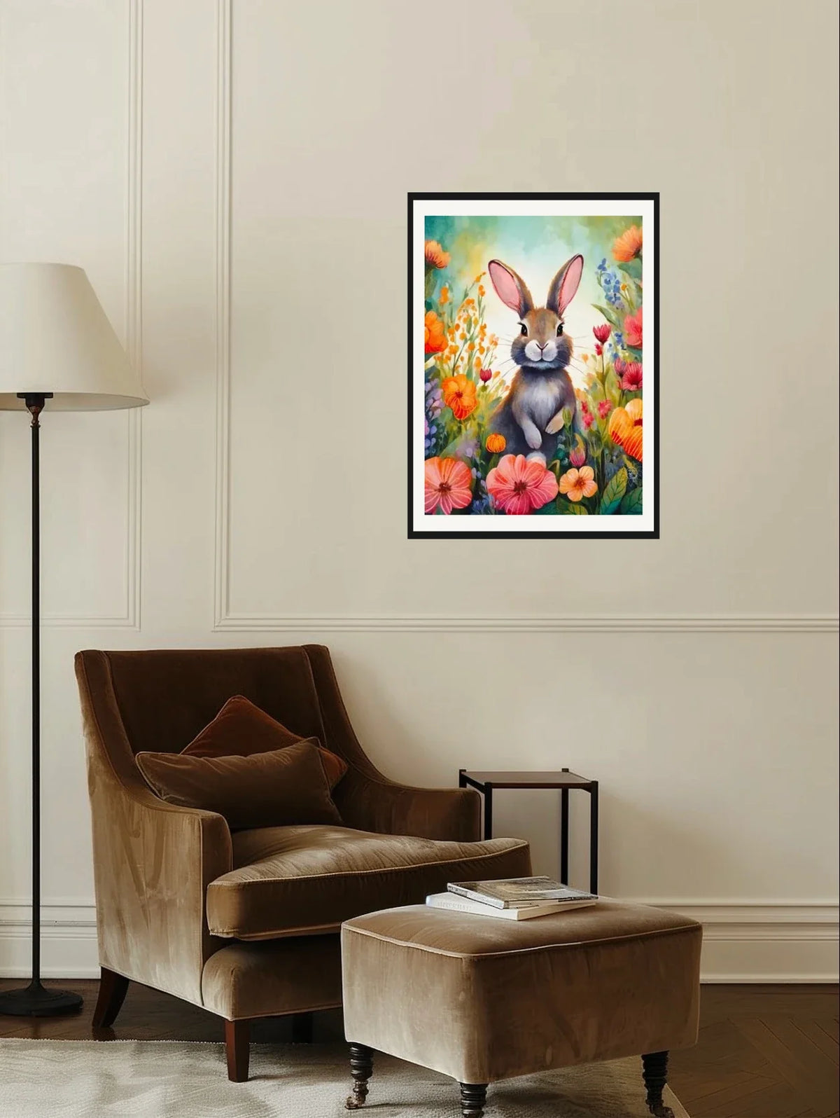 Tulip the Rabbit - large 24 x 36 matted and framed art print shown hanging on a wall