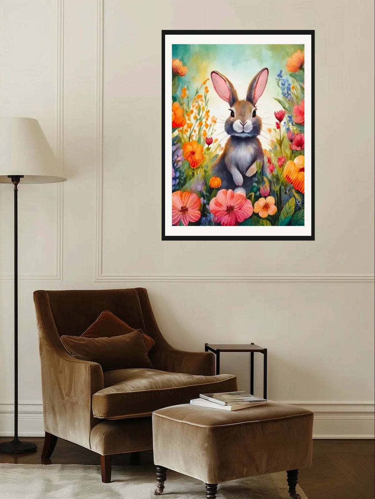 Tulip the Rabbit - extra large 36 x 48 matted and framed art print shown hanging on a wall