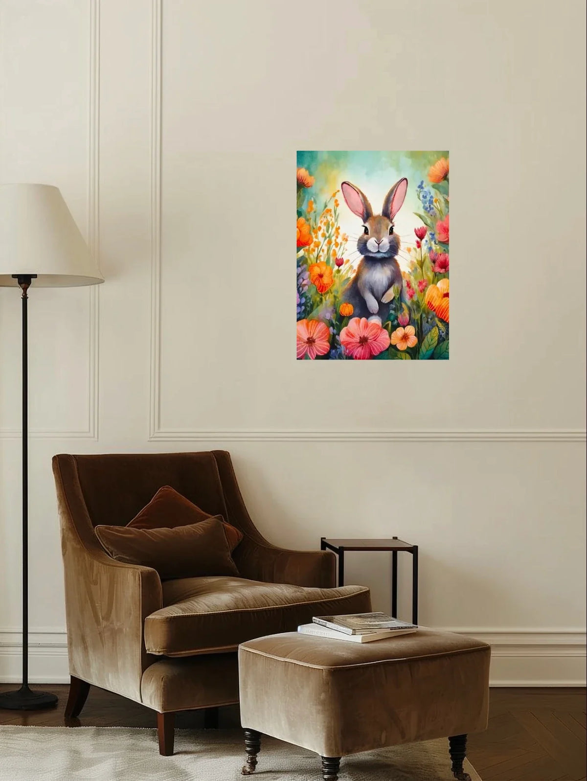Tulip the Rabbit - large 24 x 36 unframed art print shown hanging on a wall