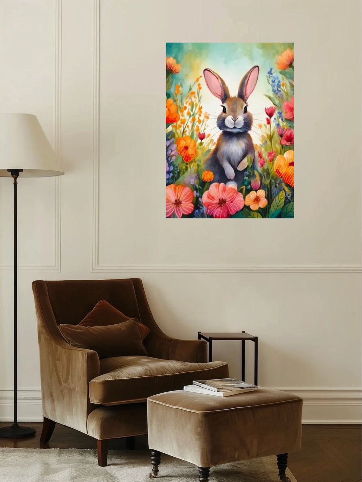 Tulip the Rabbit - extra large 36 x 48 unframed art print shown hanging on a wall
