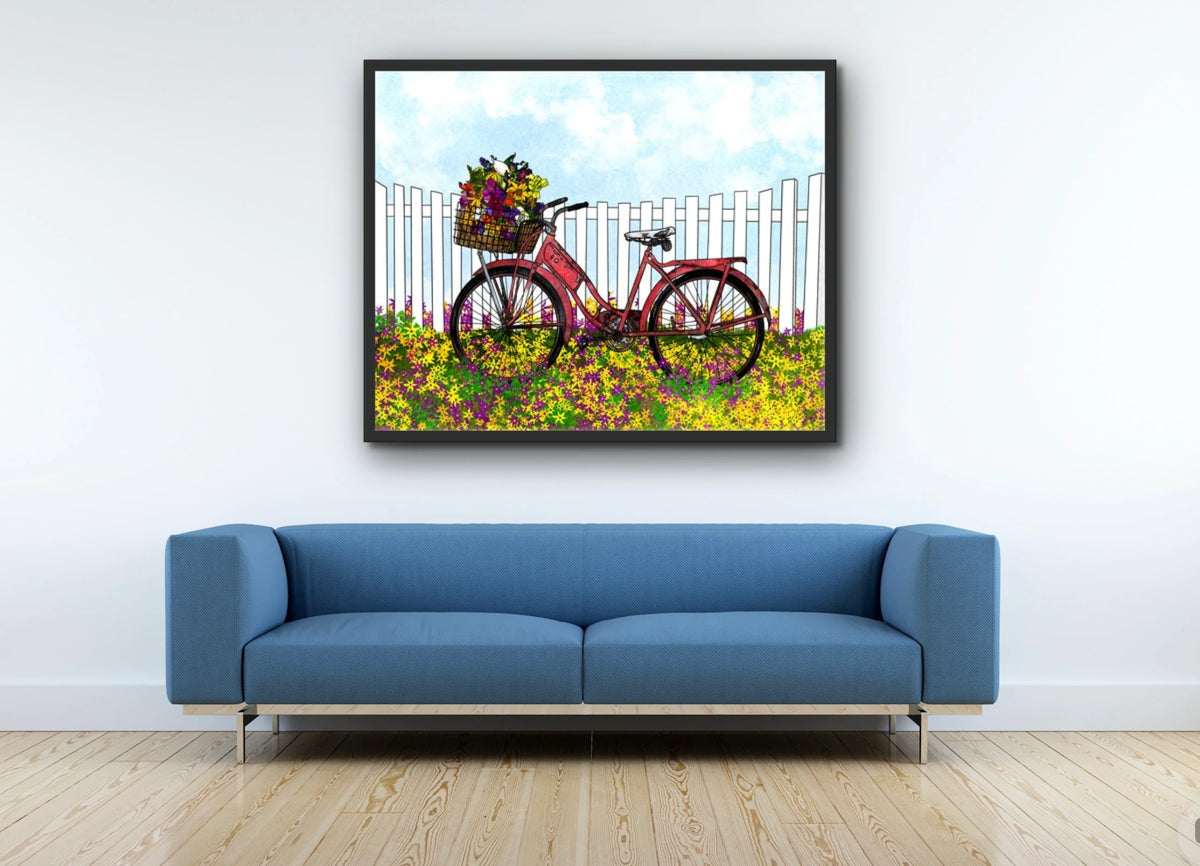 Vintage Bike with Flowers - extra large 36 x 48 framed art print shown hanging on a wall