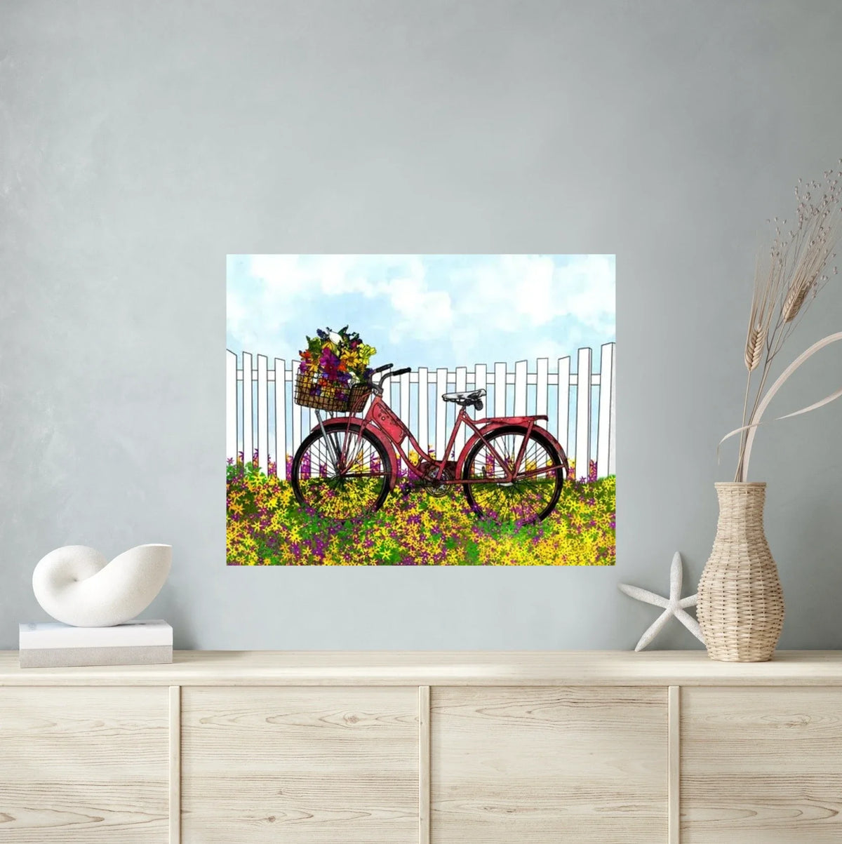 Vintage Bike with Flowers - extra large 36 x 48 unframed art print shown hanging on a wall