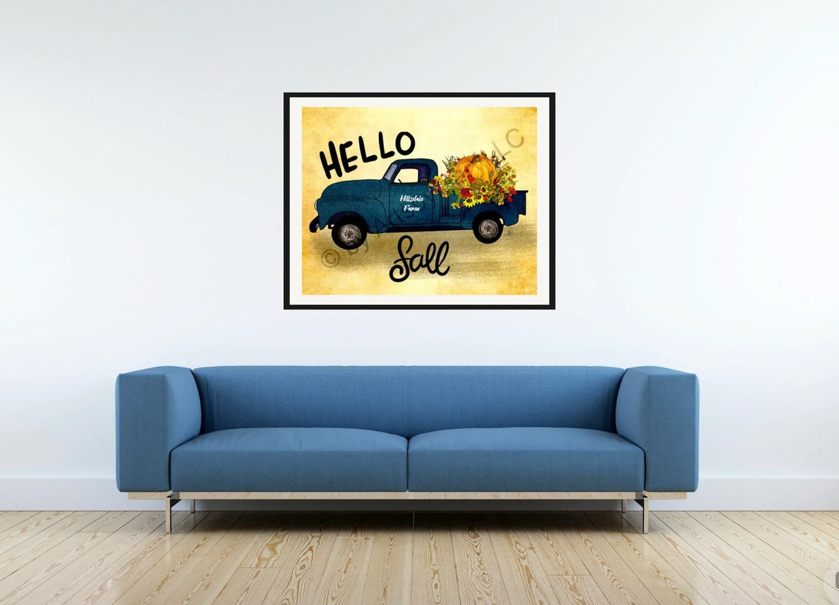 Vintage Pick up Truck - large 24 x 36 matted and framed art print shown hanging on a wall
