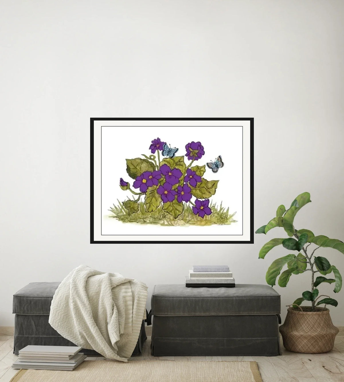 Violets and Butterflies - large 24 x 36 matted and framed art print shown hanging on a wall