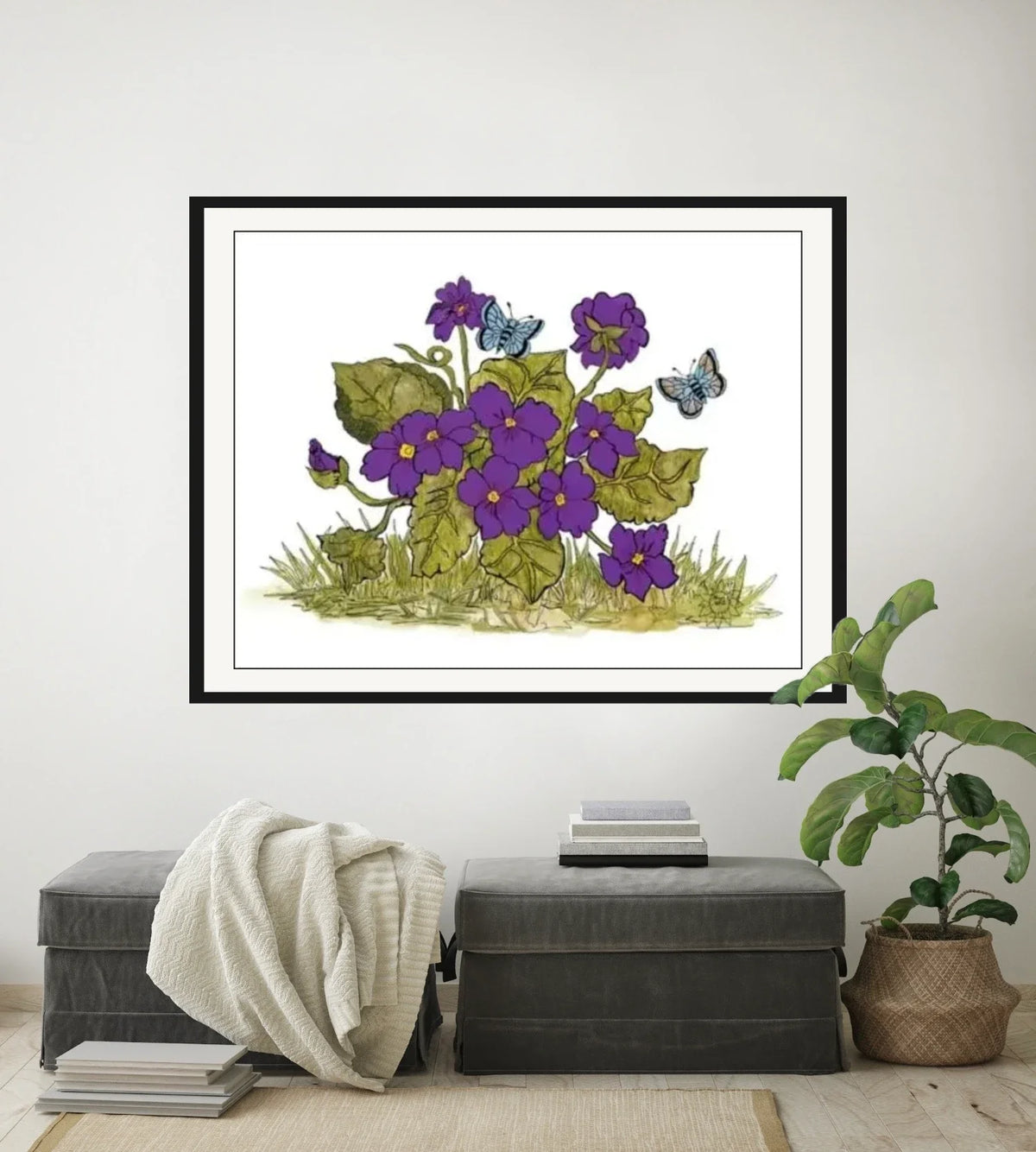 Violets and Butterflies - extra large 36 x 48 matted and framed art print shown hanging on a wall