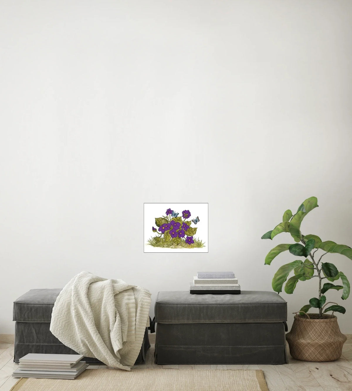 Violets and Butterflies - medium 12 x 16 unframed art print shown hanging on a wall